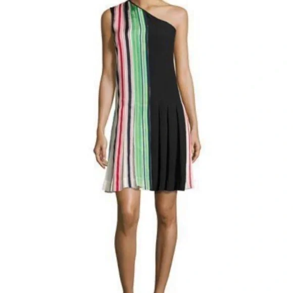 Diane Von Furstenberg- NWT Multicolored Stripe One Shoulder Pleated Mini Dress - Picture 2 of 8